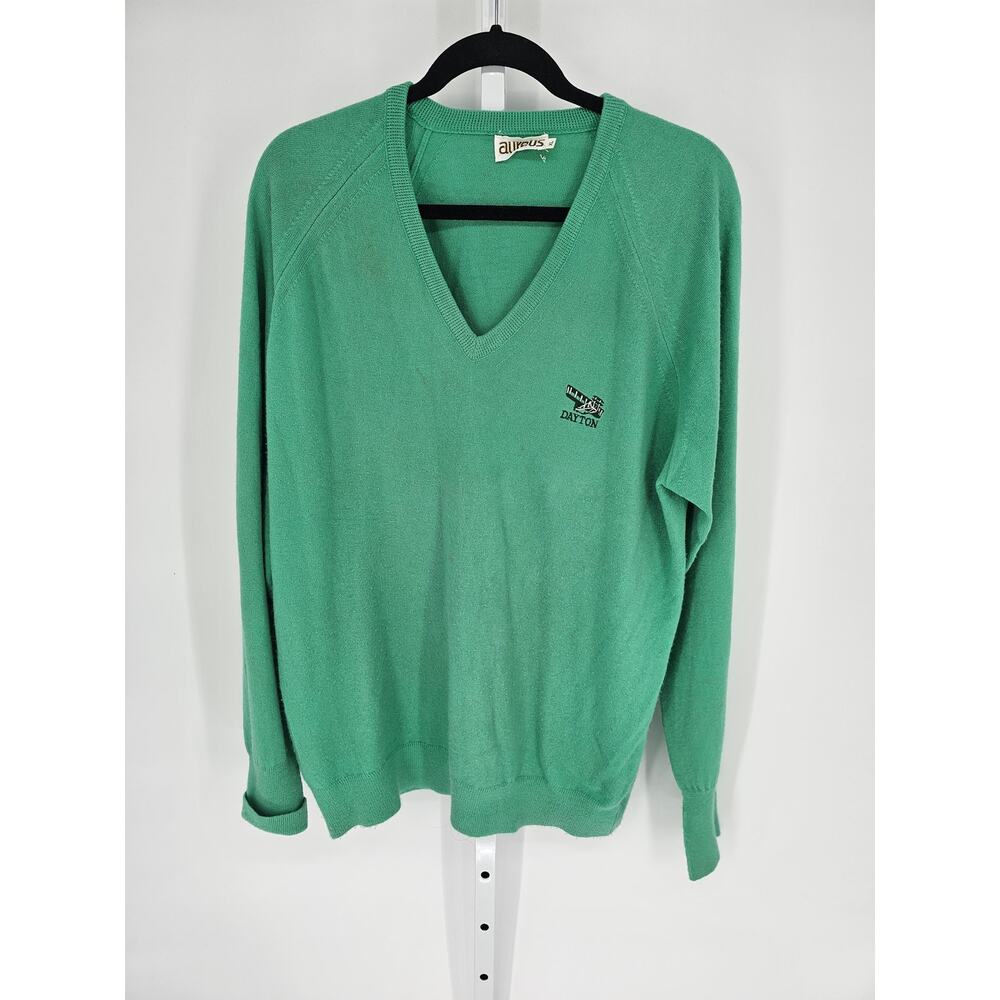 VTG Aureus Men's Long Sleeve Green V-neck Dayton Ohio Acrylic Sweater Size XL
